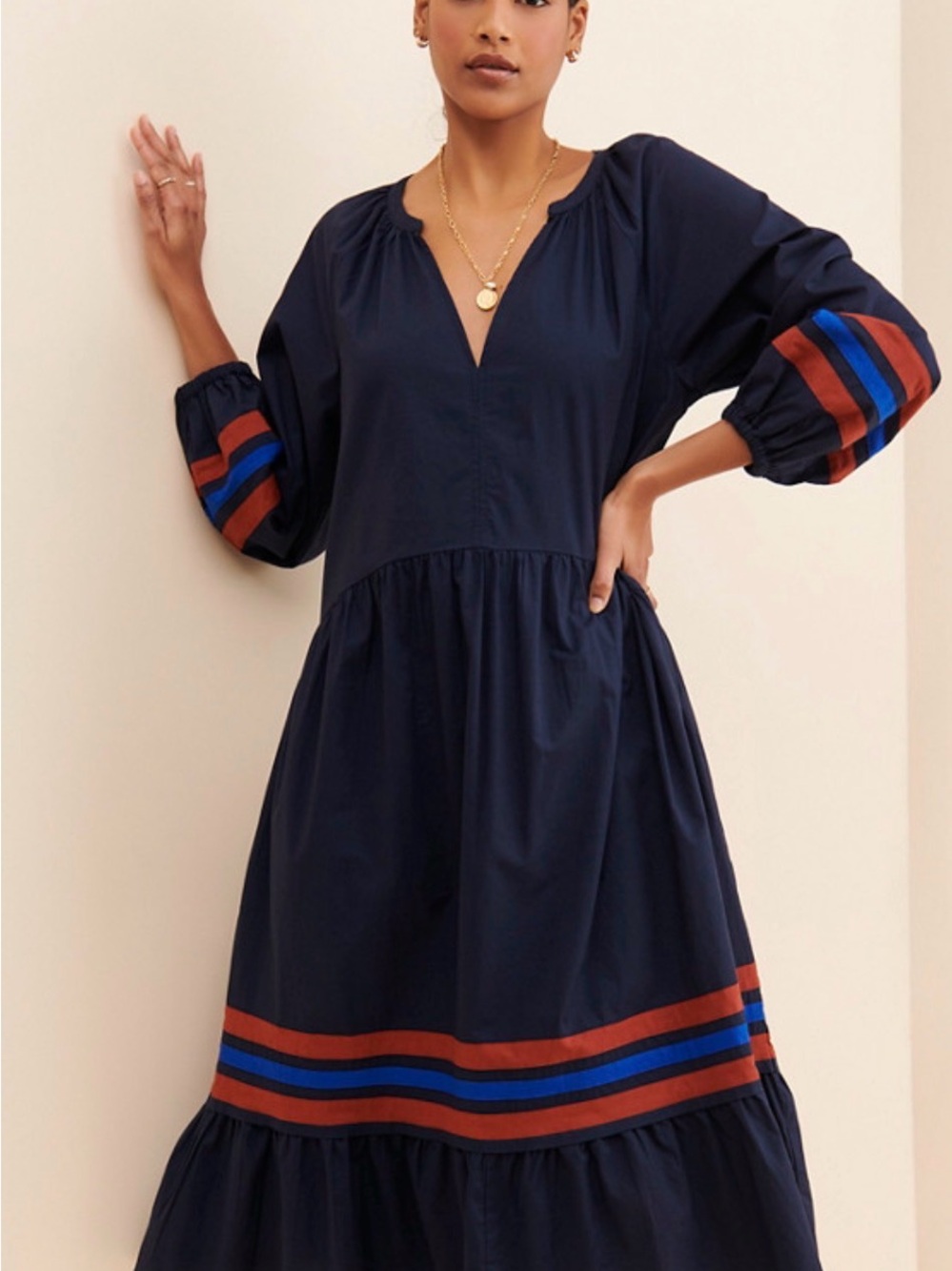 NWT Sundry Navy Midi Dress Stripe Trim Balloon Sleeve Size 1 Small